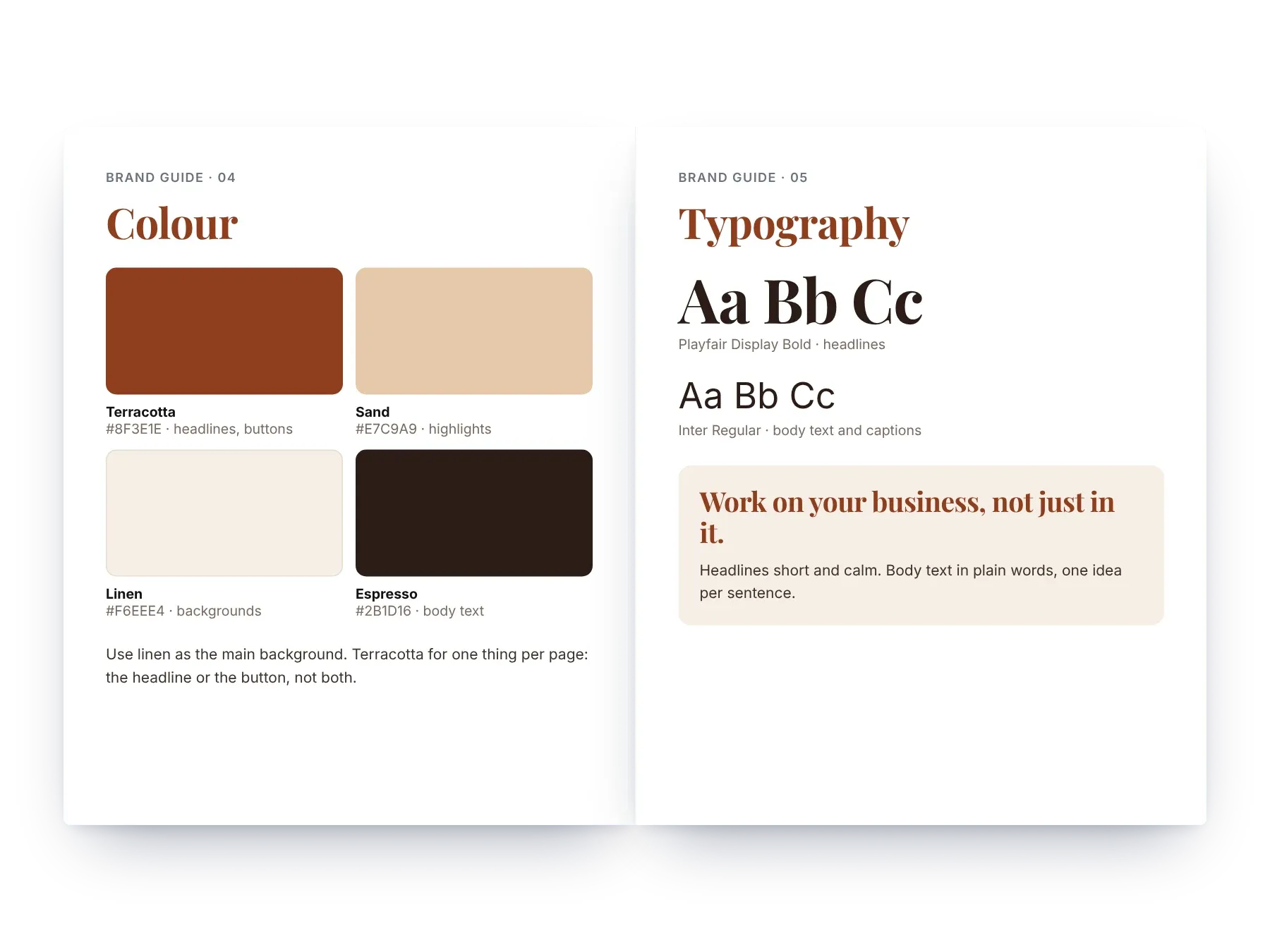Example brand guide pages showing colours with their uses, and typography