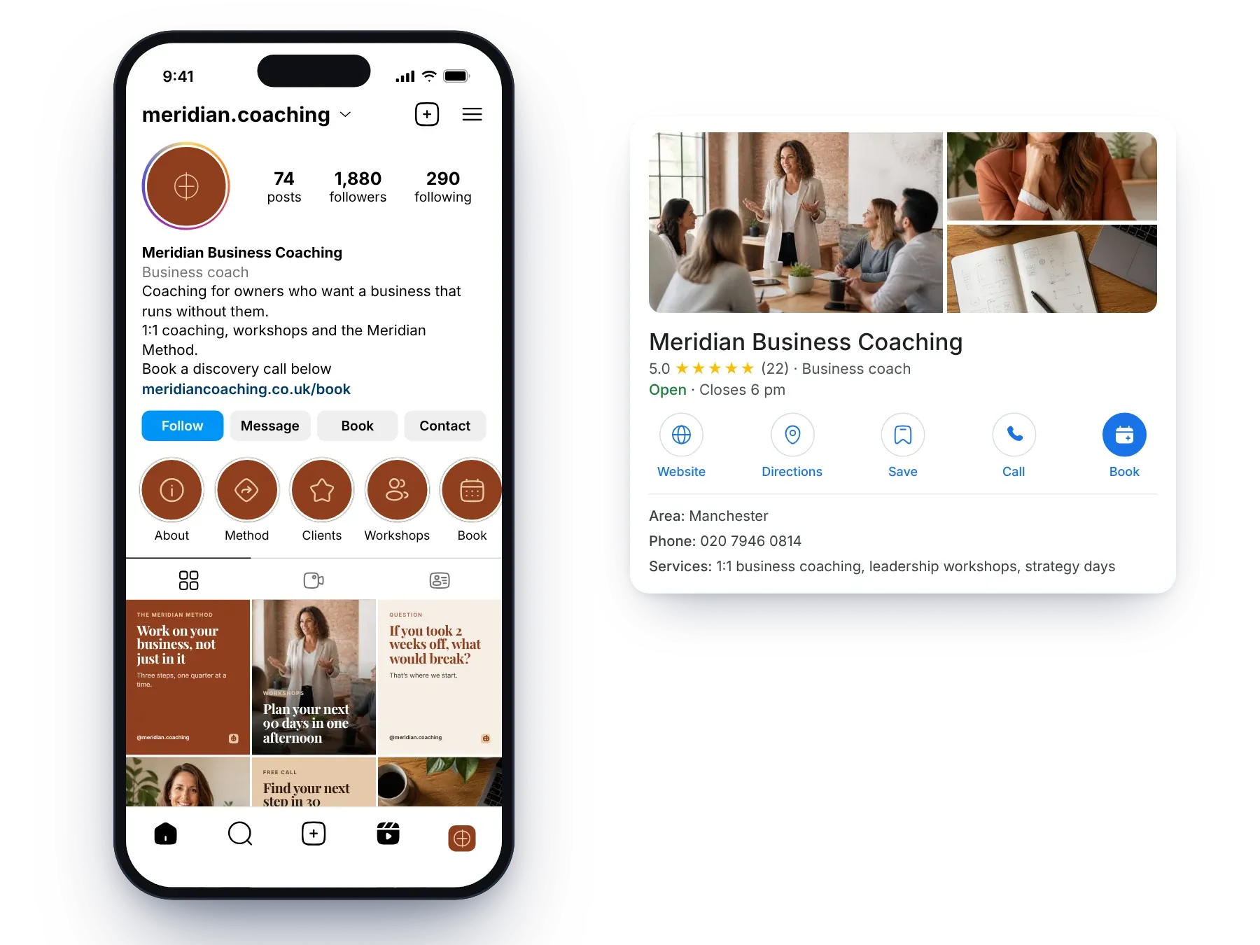 The example coach’s Instagram profile and Google Business Profile in the new brand