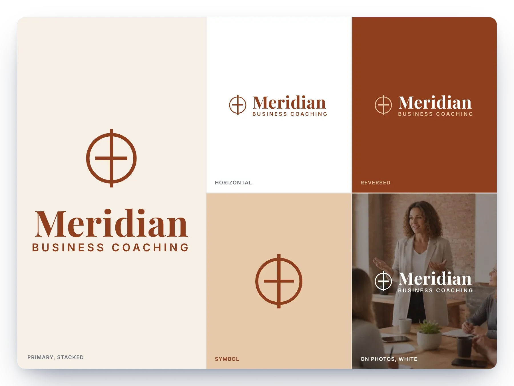 An example logo system: stacked, horizontal, reversed, symbol only and on a photo
