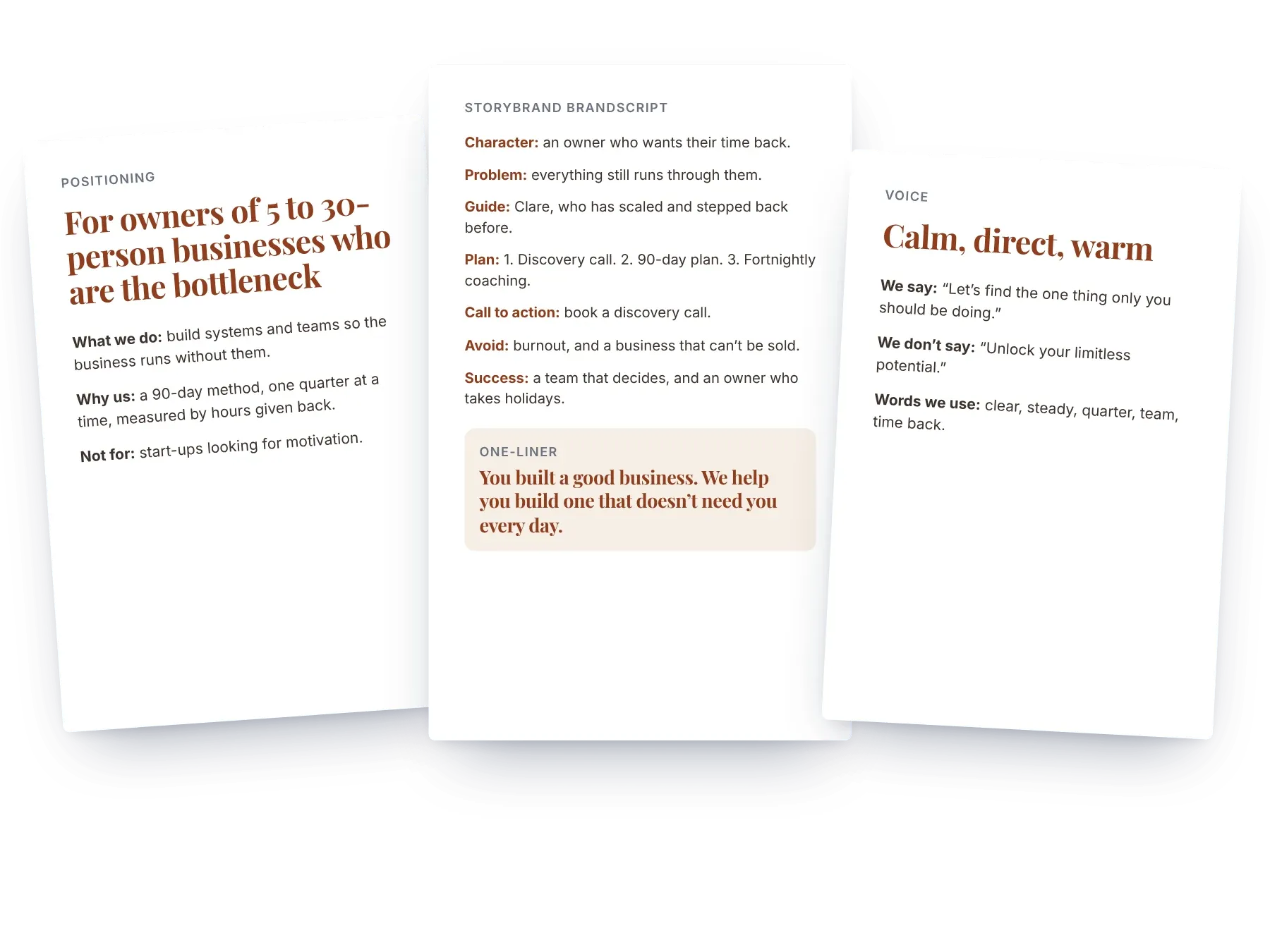 Example brand strategy pages: positioning, a StoryBrand BrandScript and a one-liner, and a tone of voice page