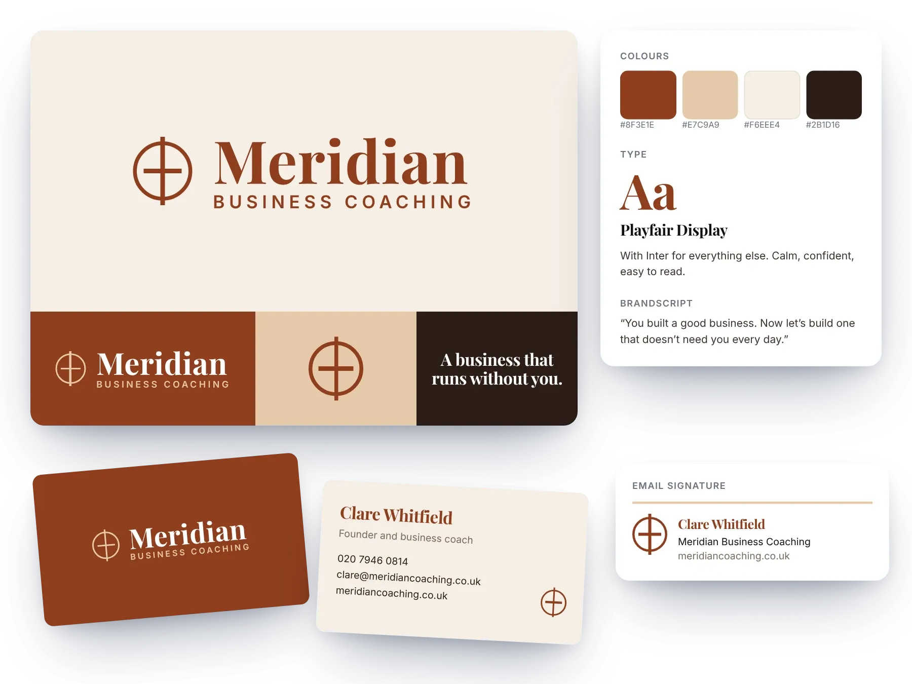 An example plumber’s brand: logo versions, colours, fonts, business cards and an email signature