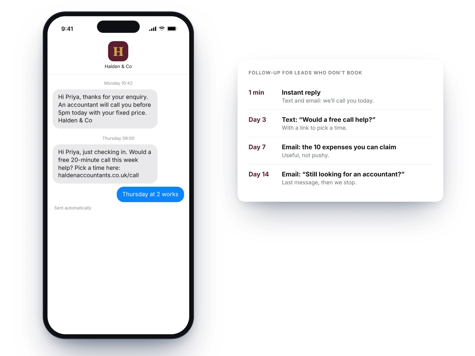 An example text conversation with an instant reply and a follow-up, beside a four-step follow-up plan