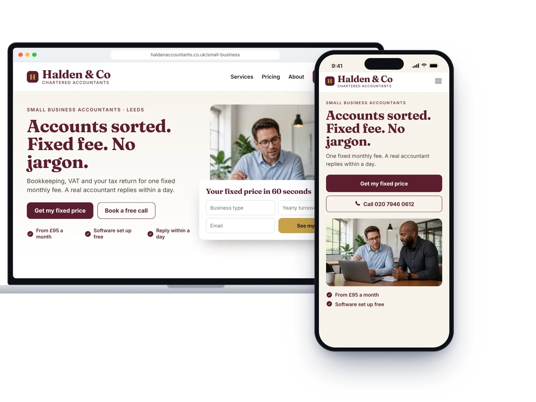 An example accountant’s landing page on a laptop and a phone, with a fixed-price quote form