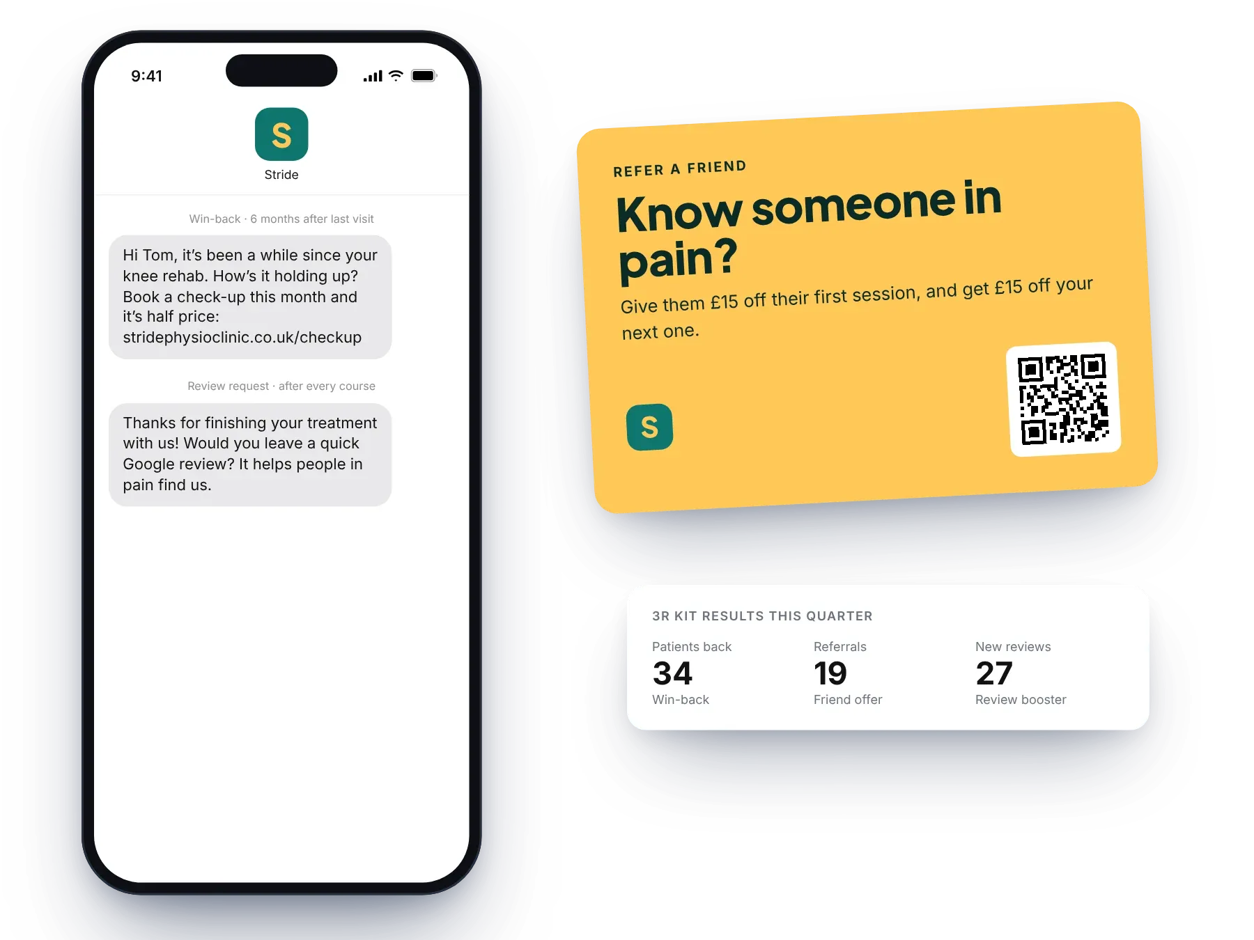 An example win-back text and review request on a phone, a refer-a-friend card and a quarterly results summary