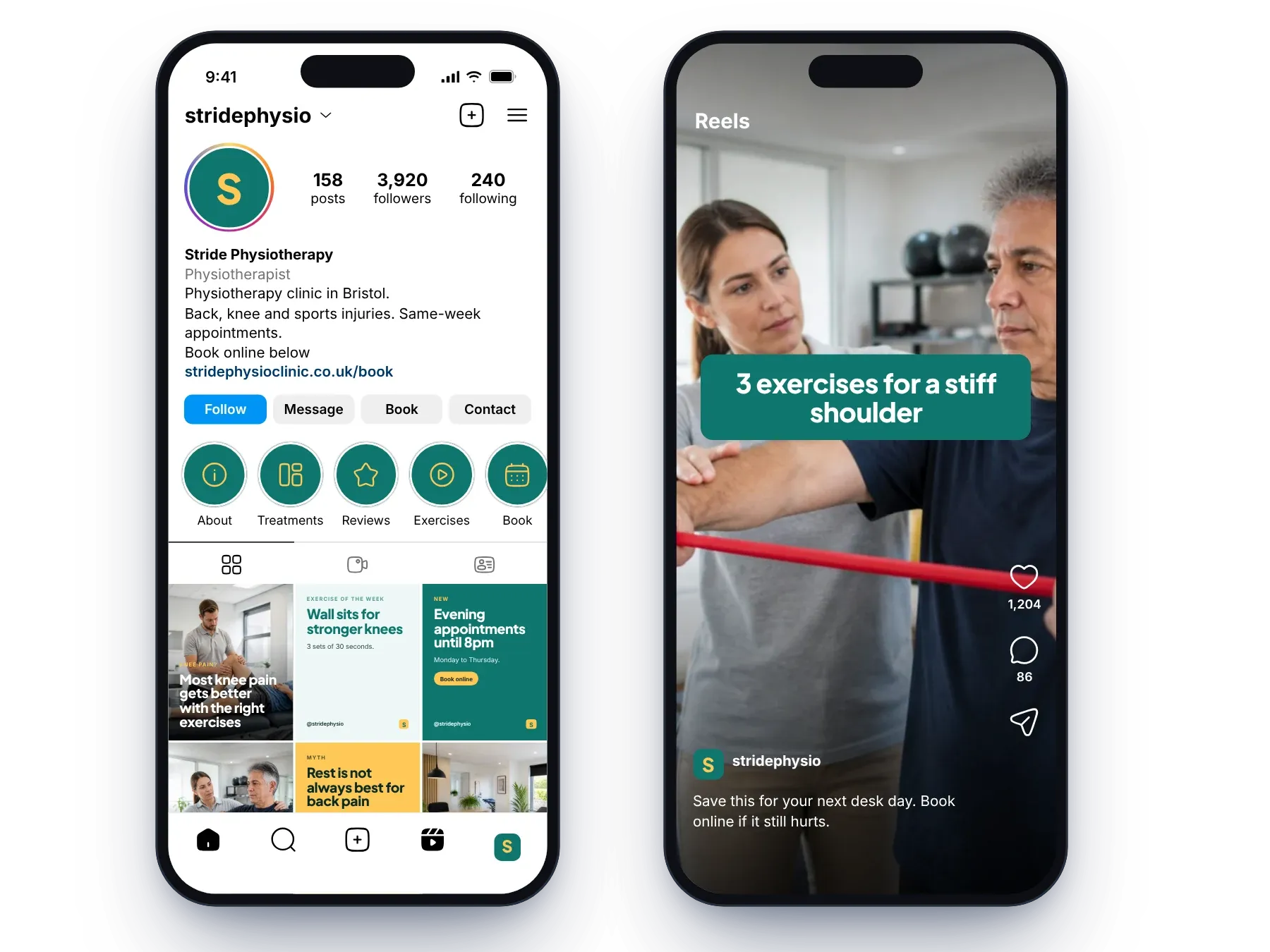 An example clinic’s Instagram profile and an exercise reel on two phones
