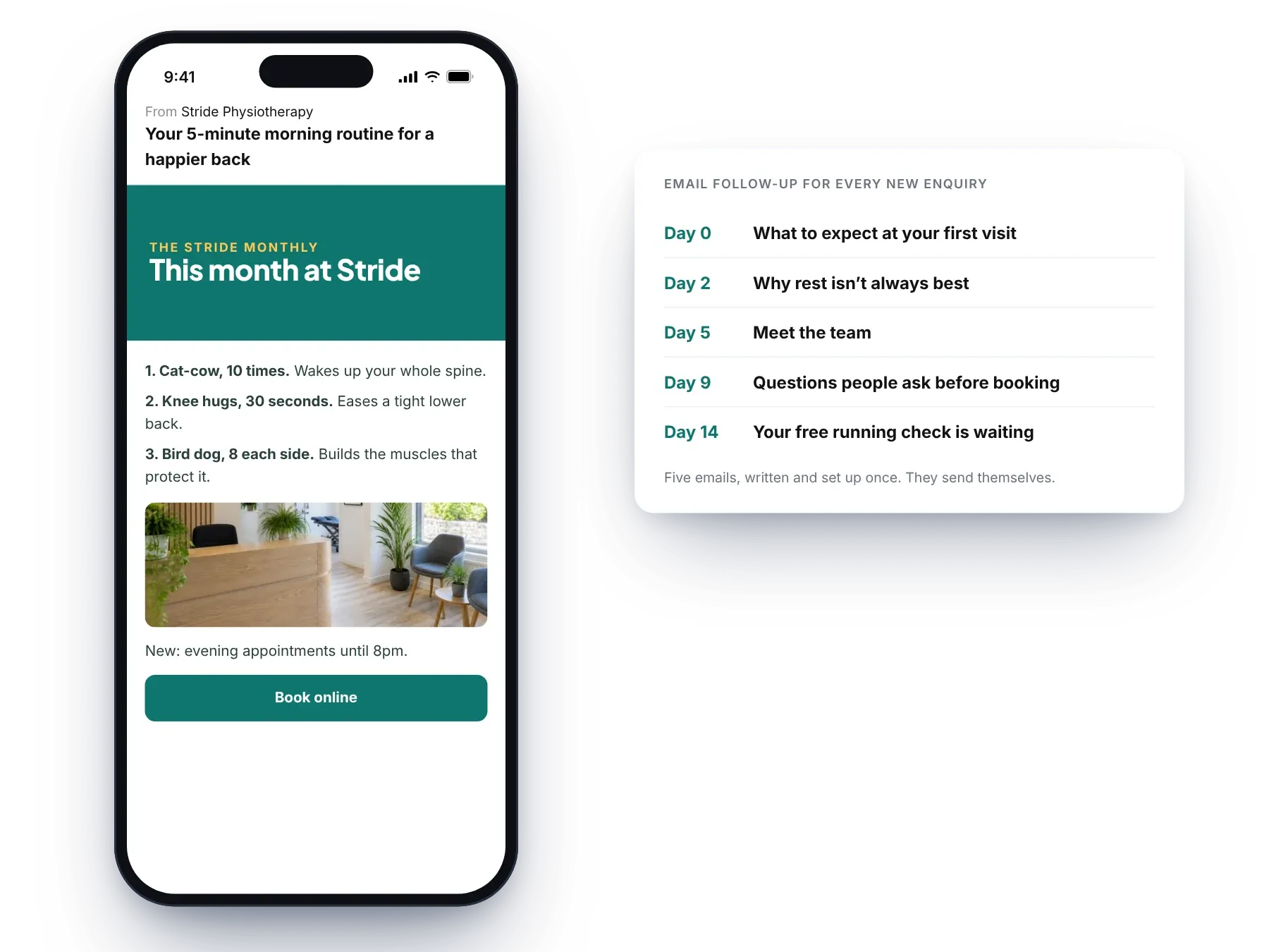 An example clinic newsletter on a phone, beside a five-email follow-up plan for new enquiries