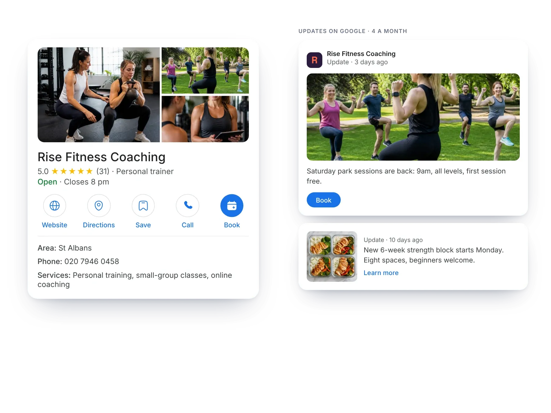 An example fitness coach’s Google Business Profile with two recent update posts
