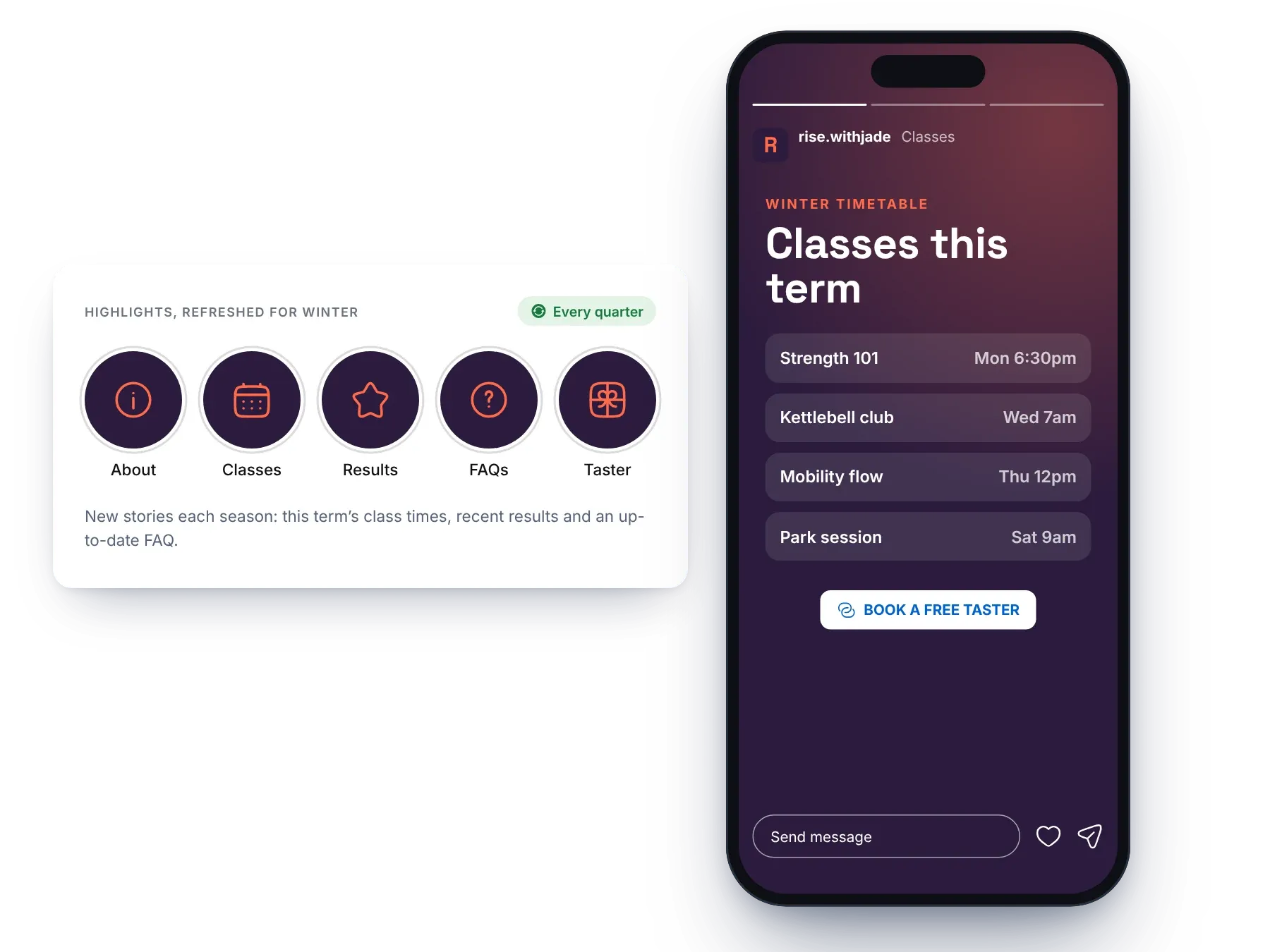 Example highlight covers refreshed for winter, and a class timetable story on a phone