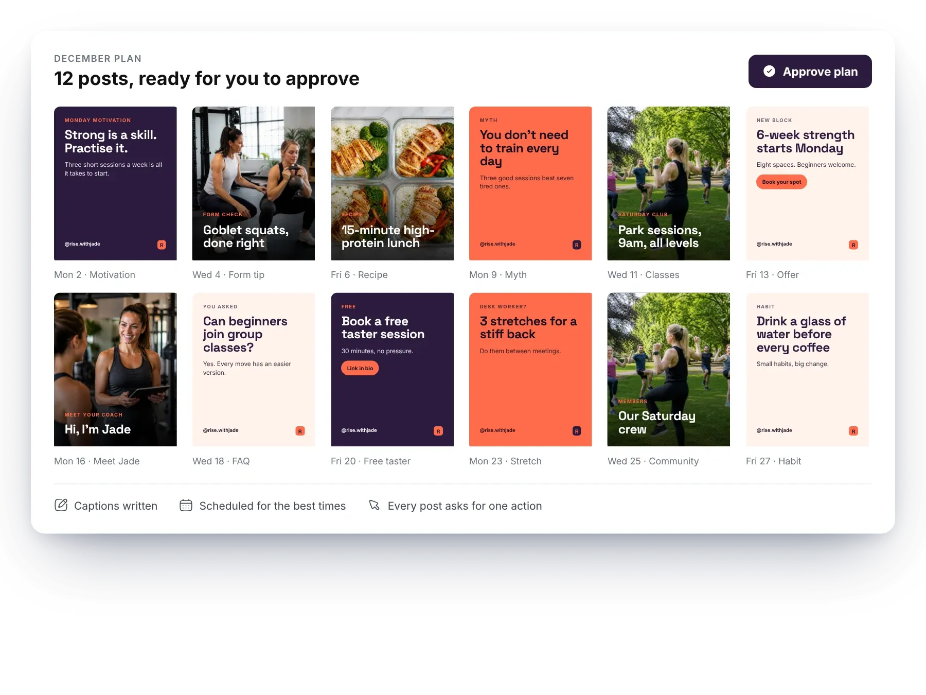 An example month of 12 designed posts for a fitness coach, ready to approve