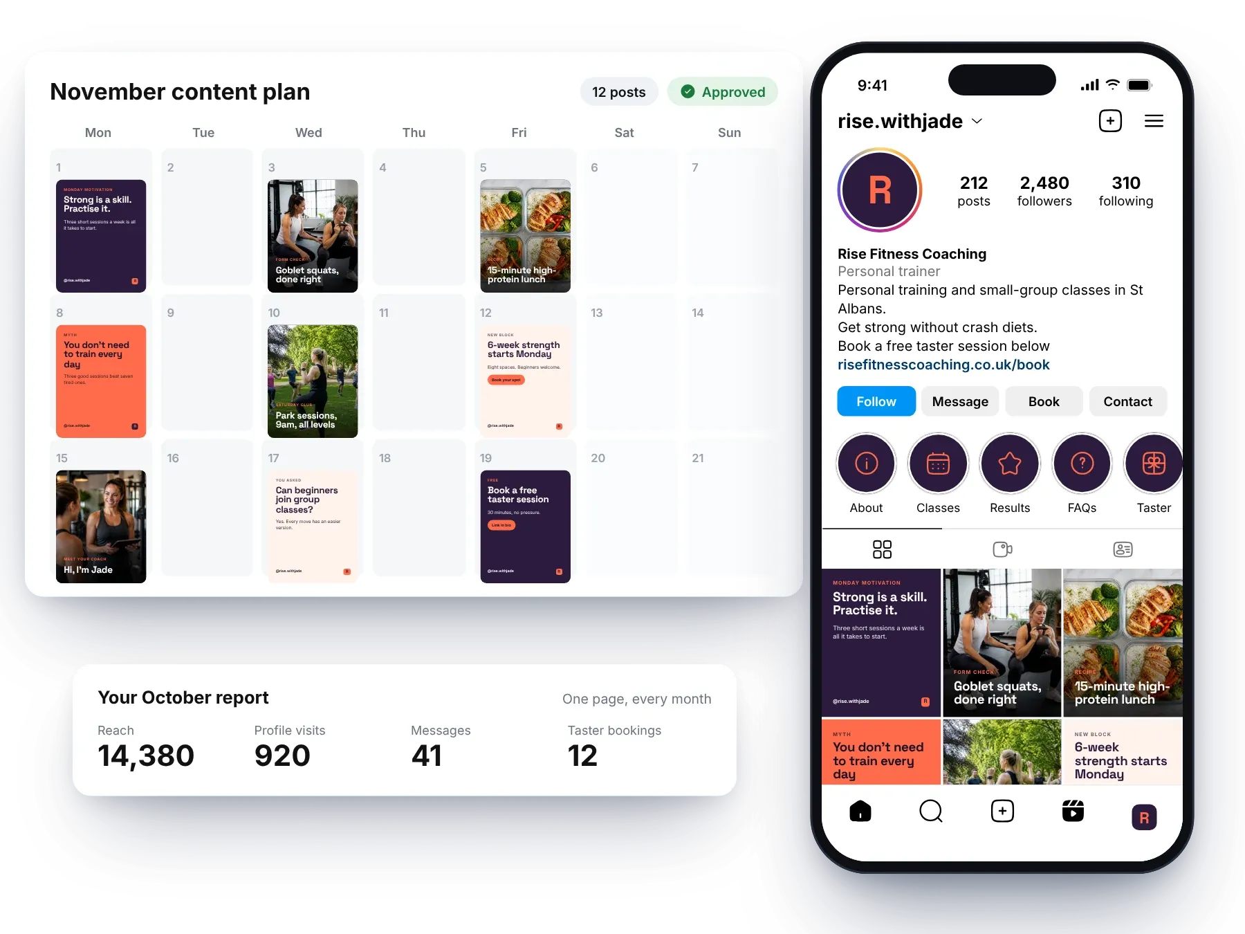 An example month of planned social posts for a plumber, their Instagram feed and a one-page monthly report