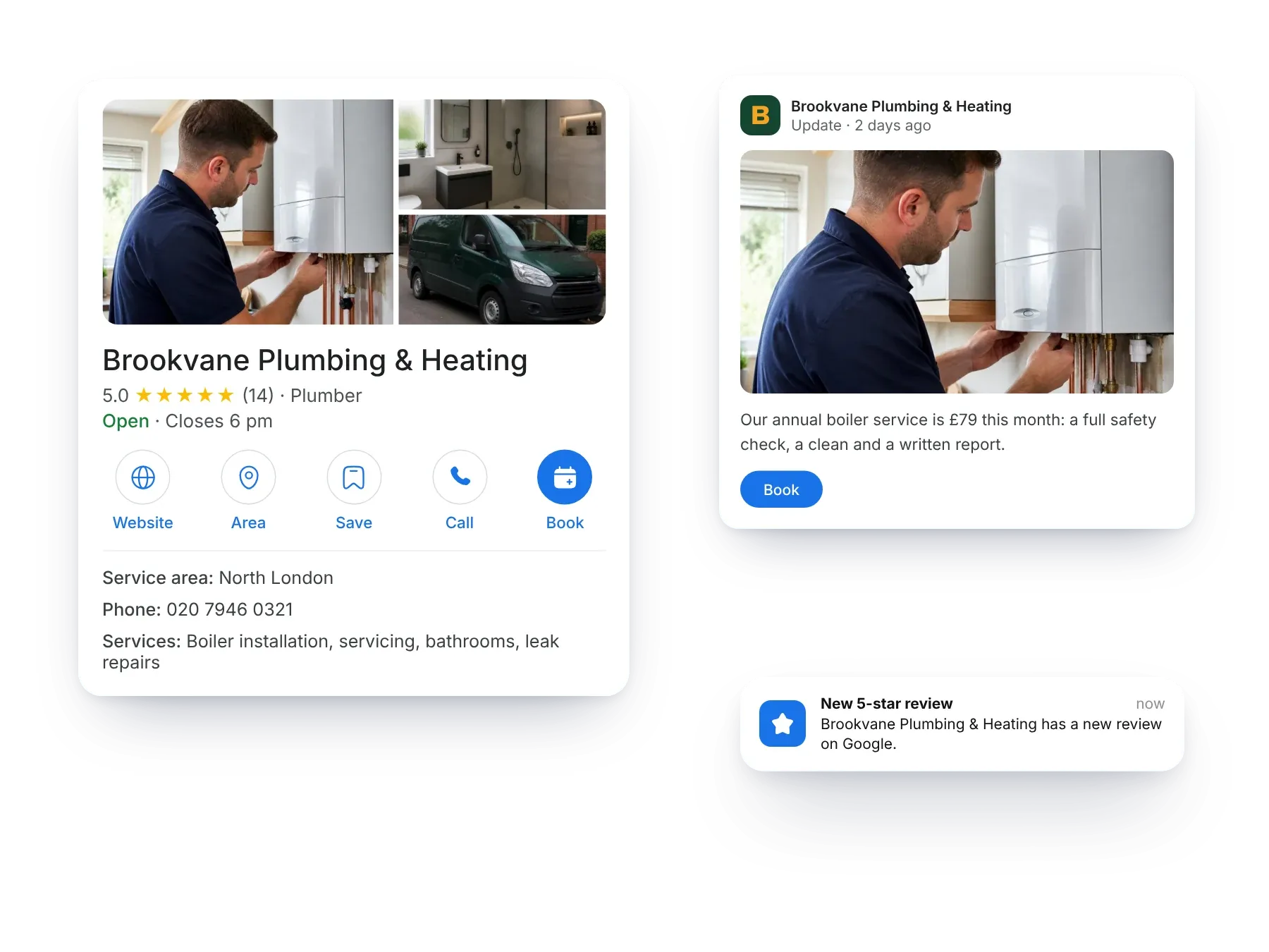 An example plumber’s complete Google Business Profile, a Google update post and a new review notification