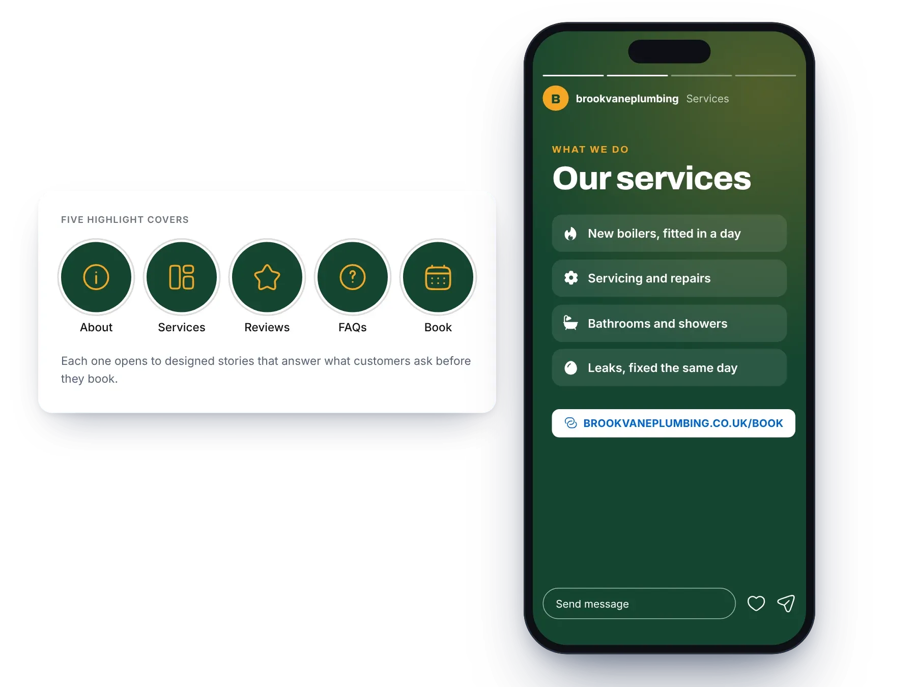 Five example highlight covers in the plumber’s brand, and a Services story open on a phone