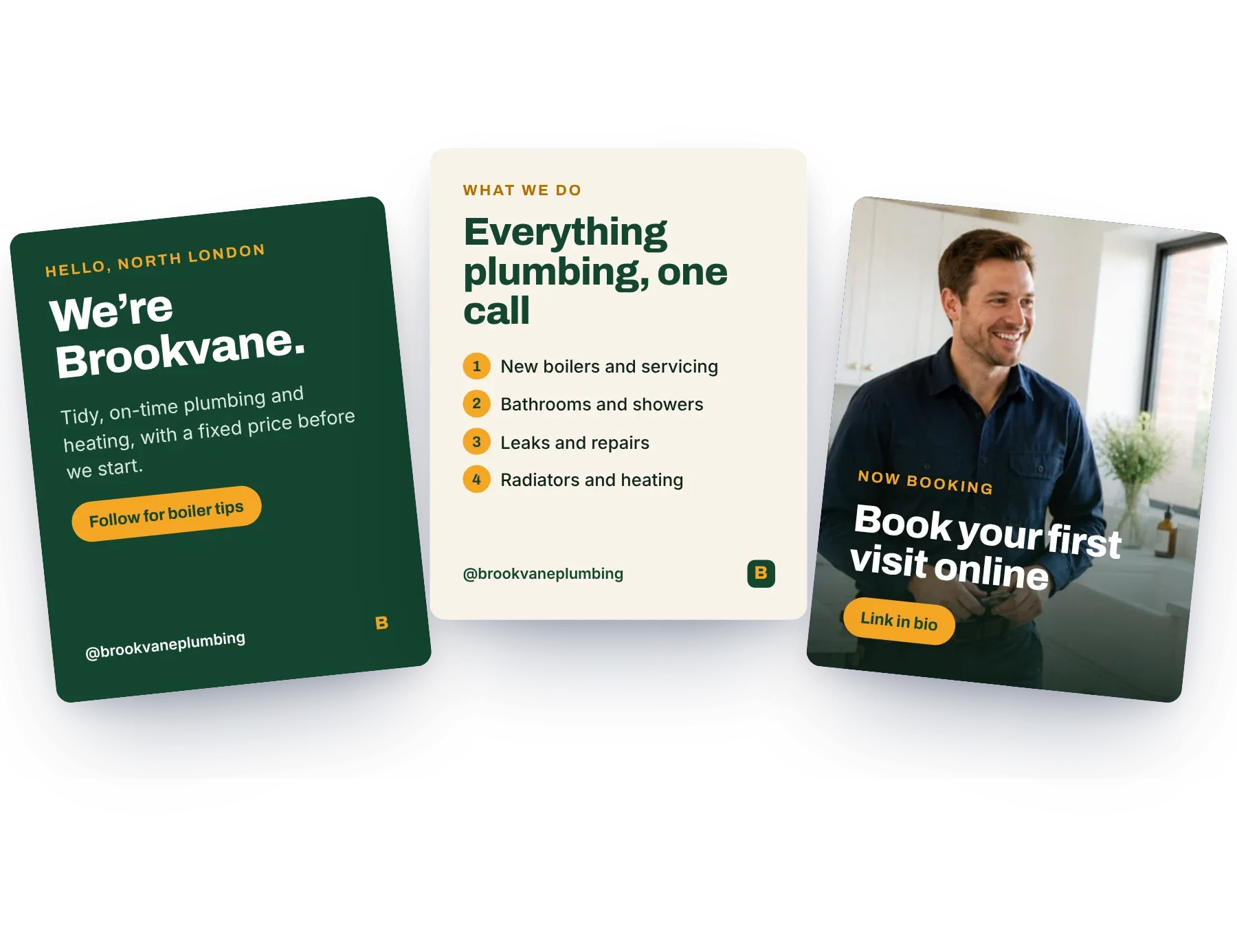 Three example launch posts: an introduction, a list of services and a booking post
