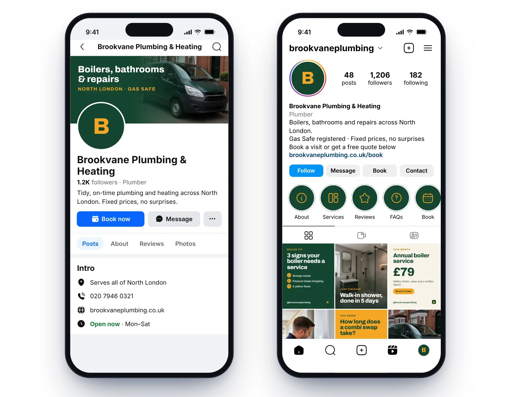 An example plumber’s Facebook page with a designed cover and Book now button, beside their Instagram profile