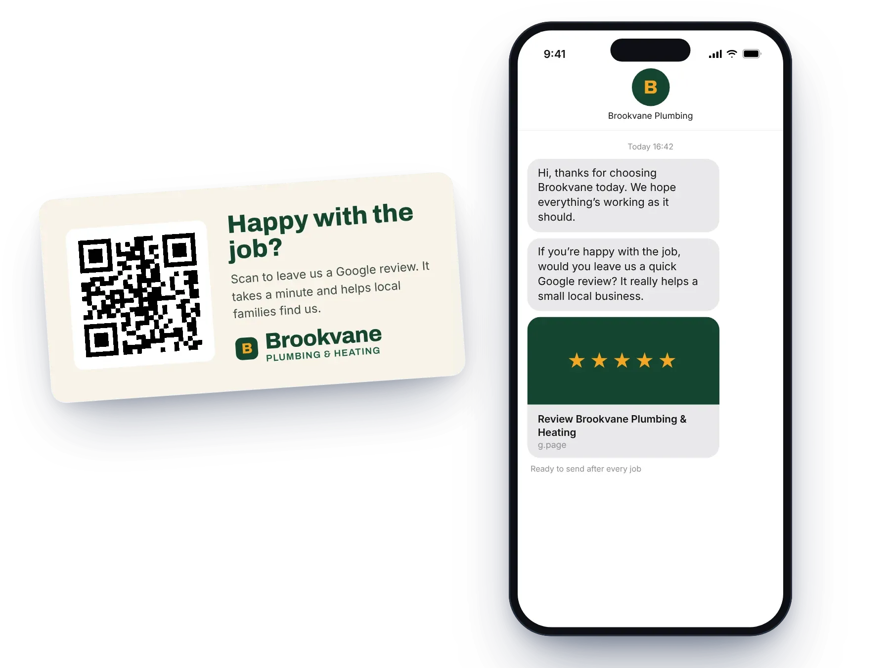 An example review QR card and a ready-to-send review request message on a phone