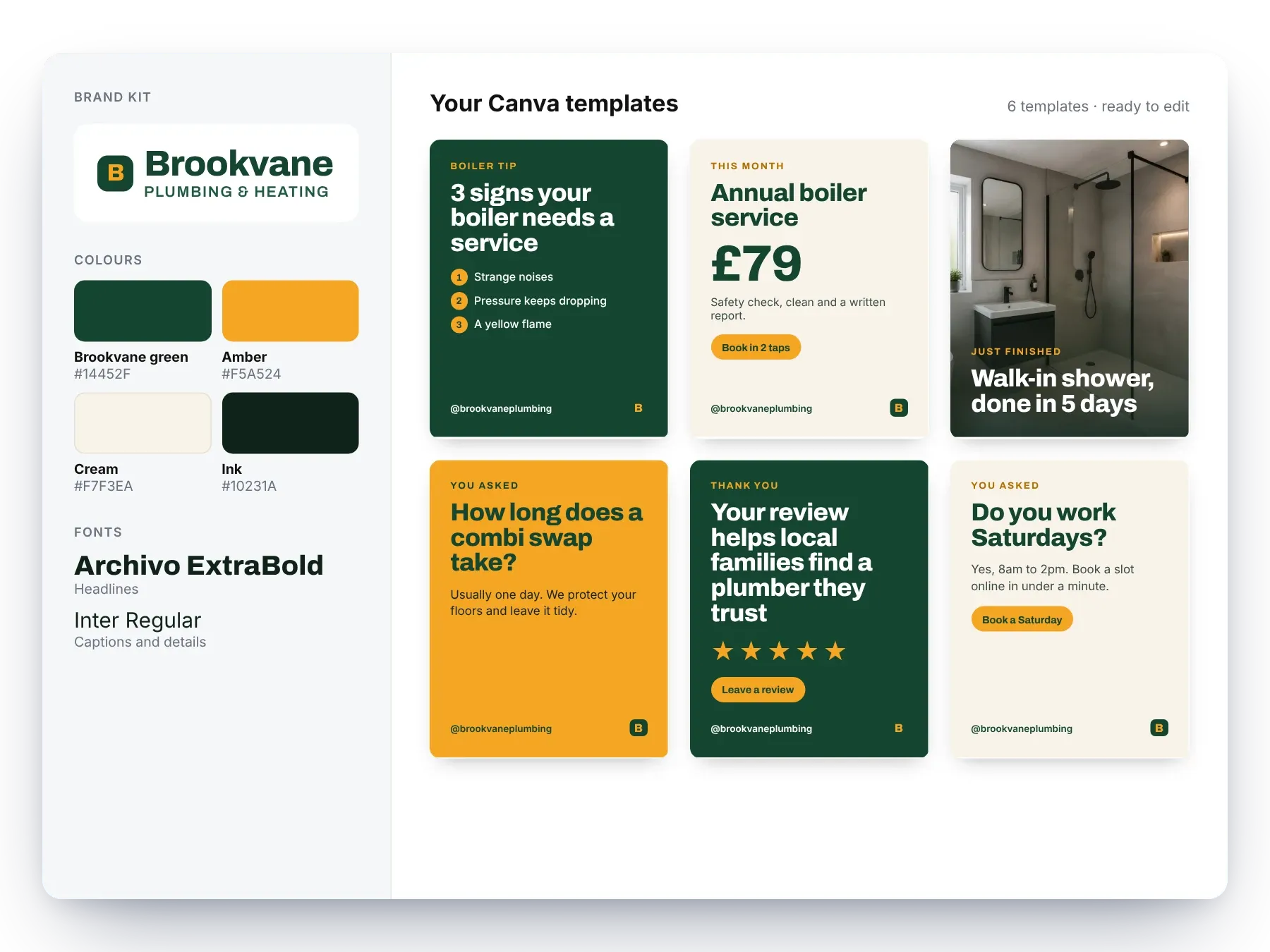 An example brand kit in Canva with logo, colours and fonts, beside six post templates