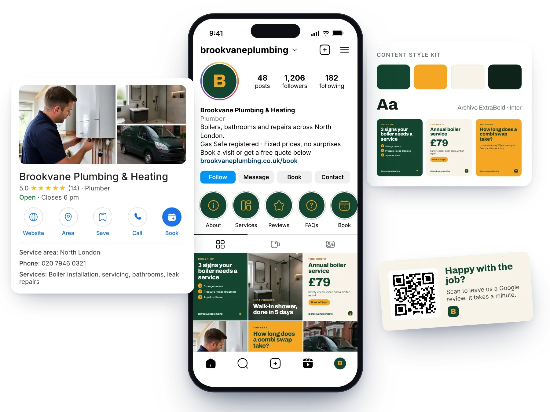 An example plumber’s new Instagram profile with highlights and designed posts, its Google Business Profile, a content style kit and a review QR card