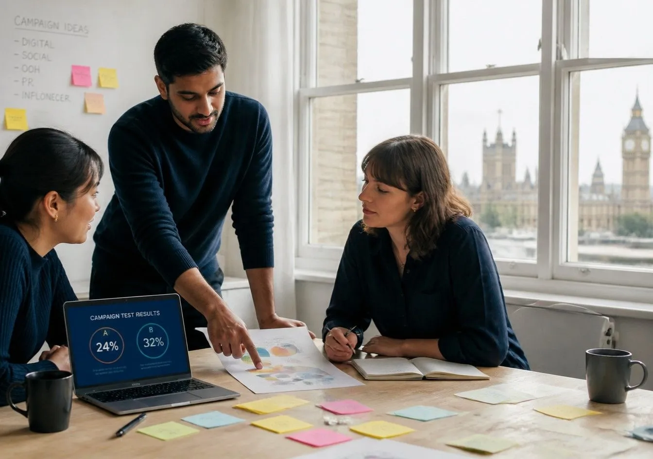 A small team planning a campaign around a table, with a laptop showing test results