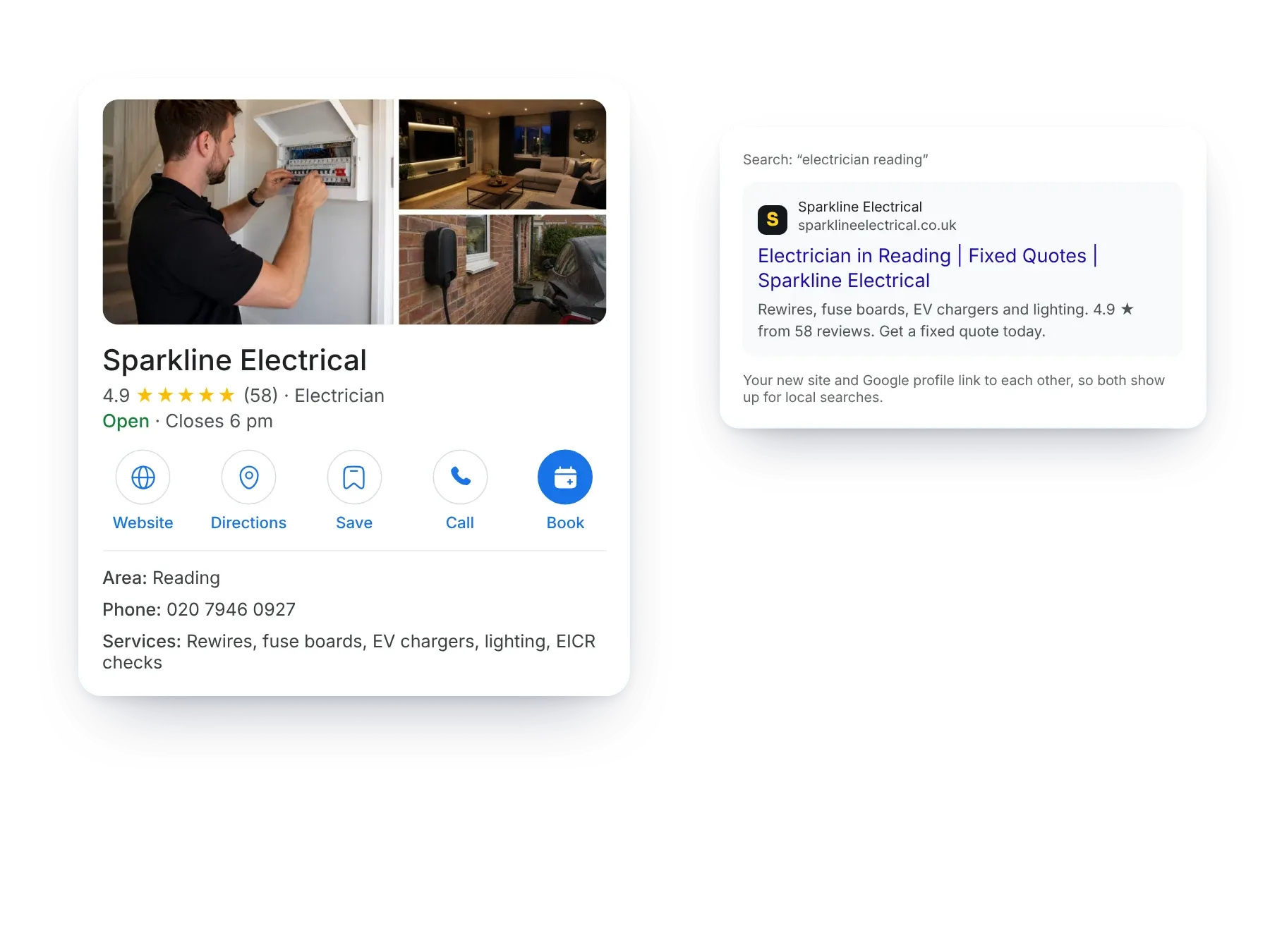 The example electrician’s Google Business Profile and their website in Google search results