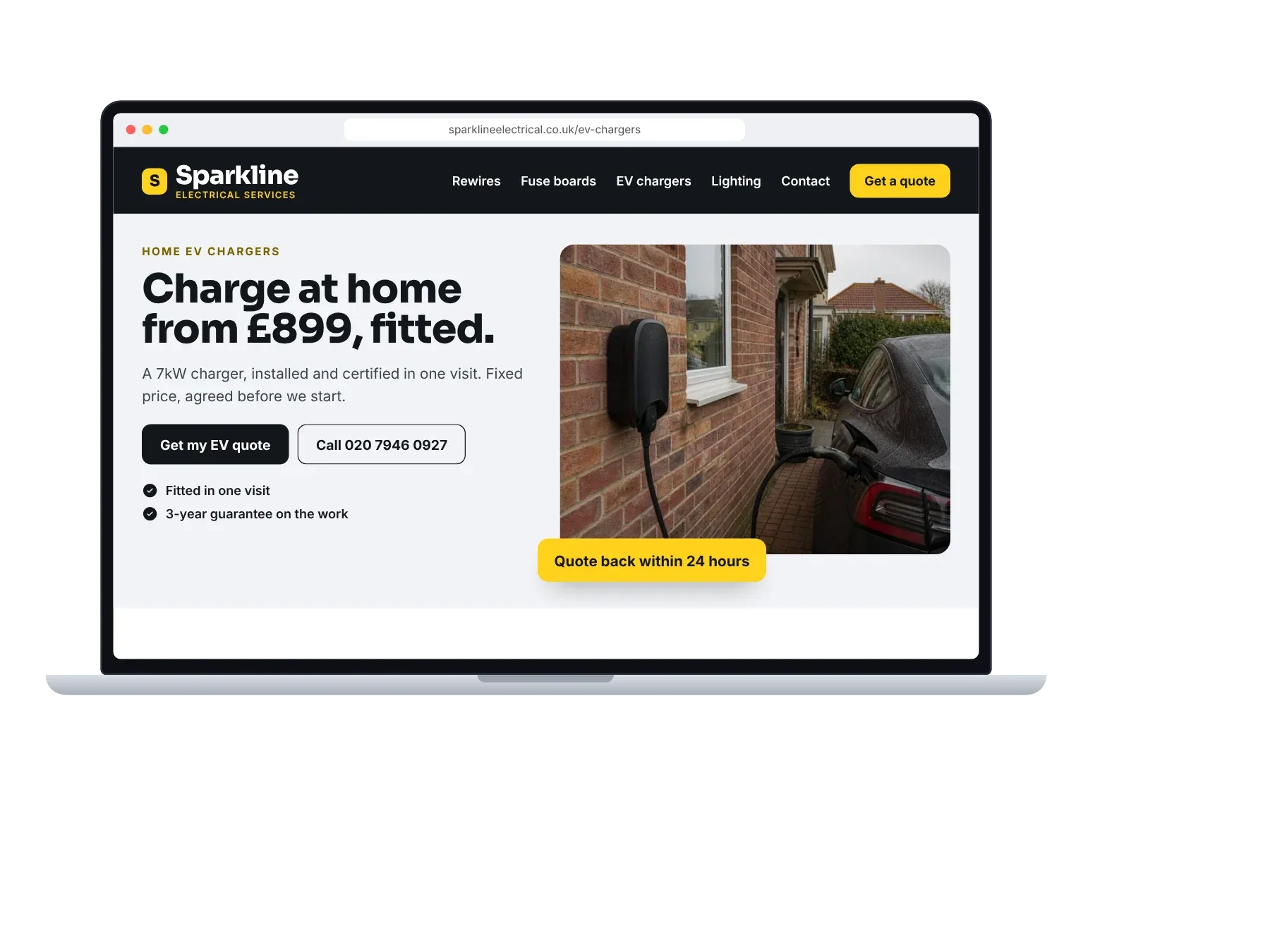 An example landing page for home EV chargers on a laptop