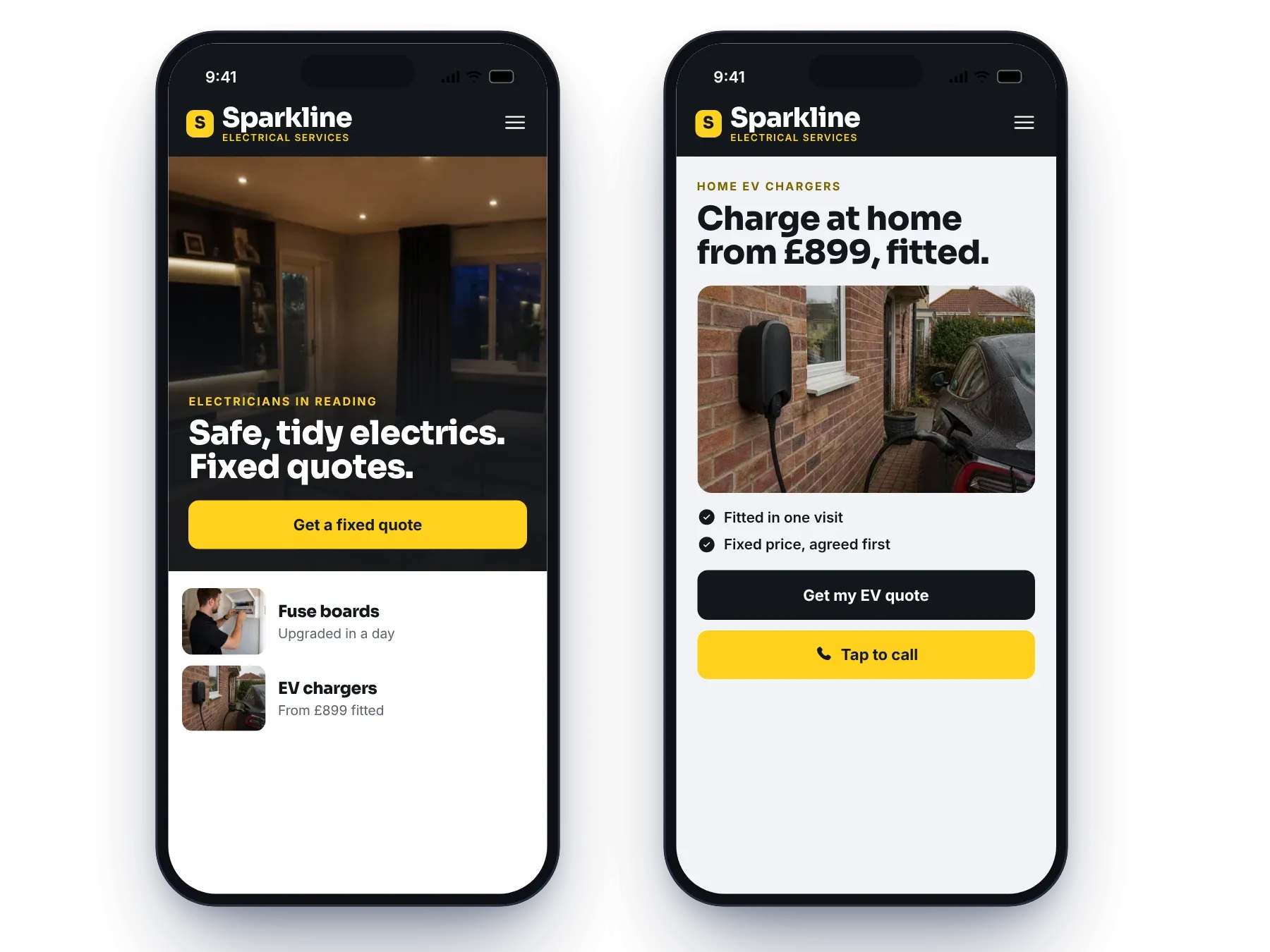 The example electrician’s website on two phones, with tap-to-call buttons
