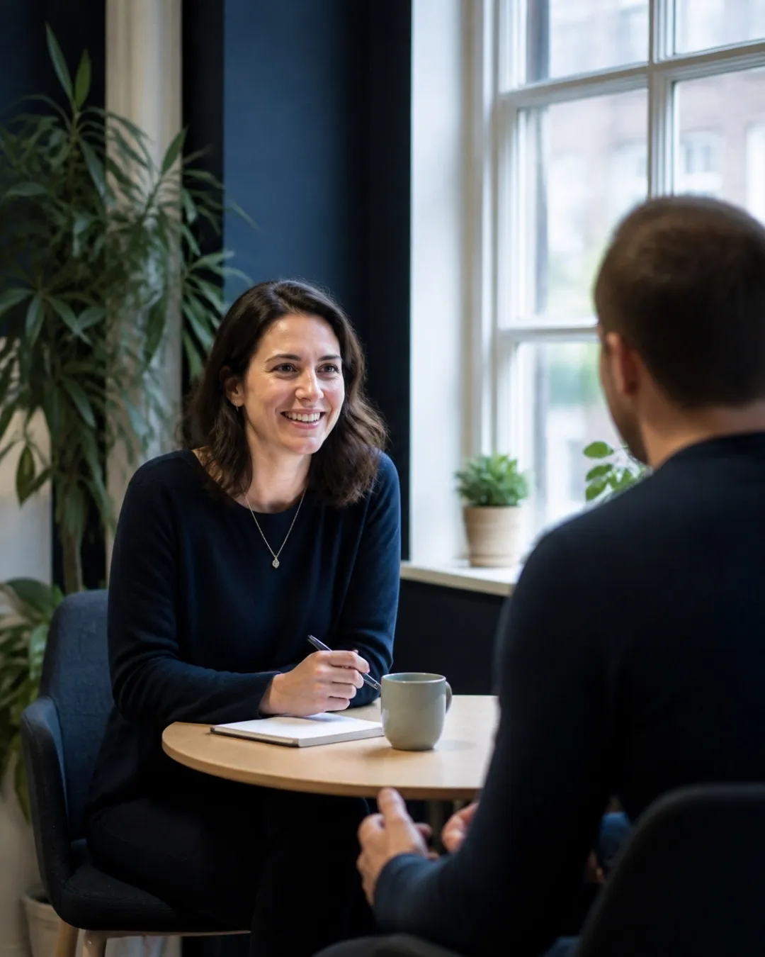 A business coach smiling during a one-to-one session in a bright studio