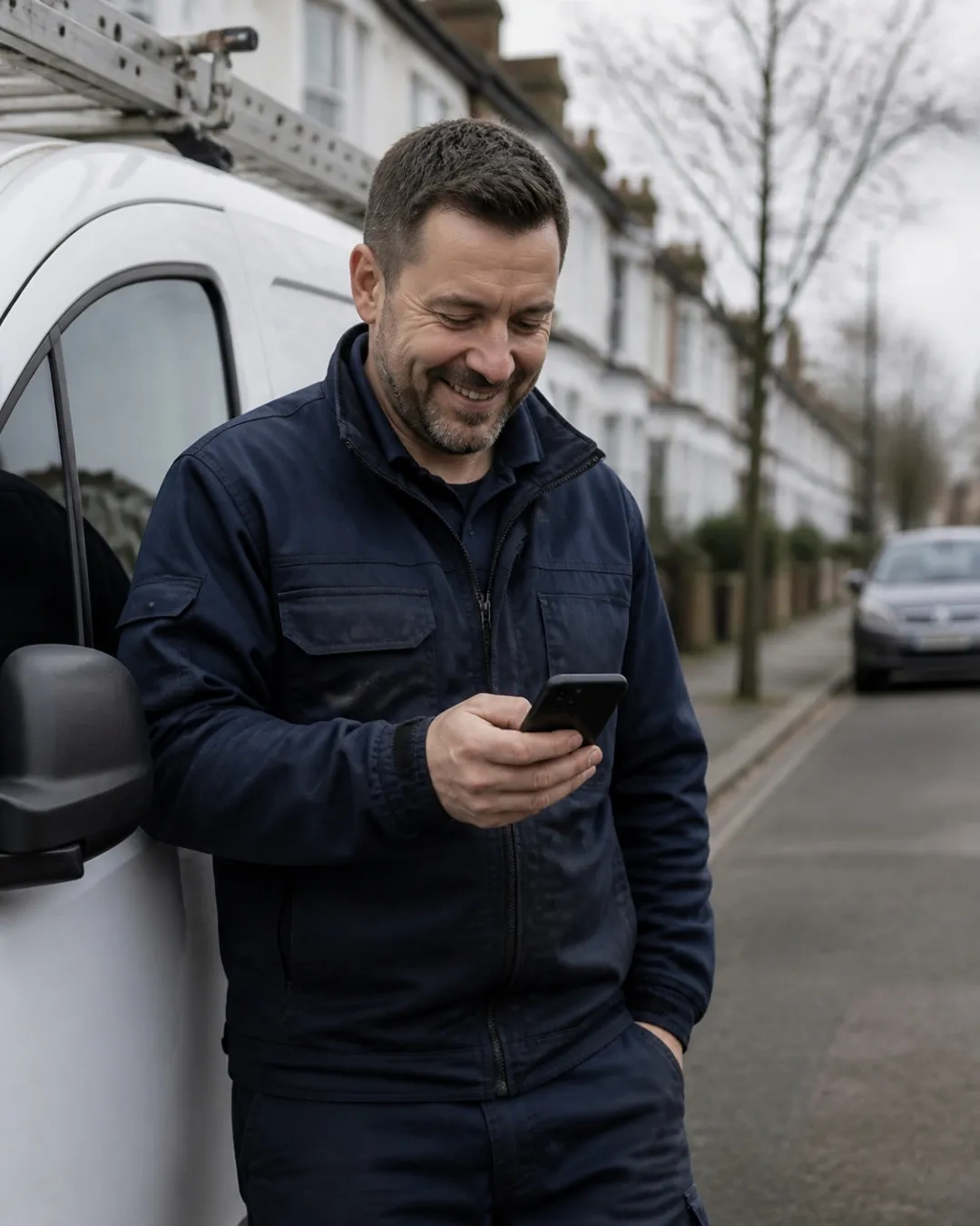 An electrician beside his van, smiling as he reads a new enquiry on his phone